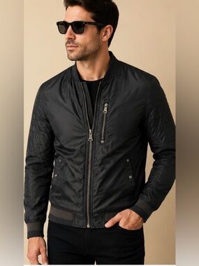 GUESS Men’s Black Bomber Jacket Moto Style Full Zip Lightweight Coat Small